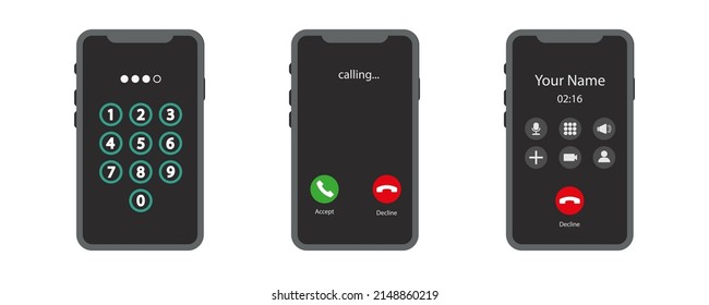 Interfaz de pantalla de pantalla de teléfono entrante. mostrar el teclado. Desbloquear pantalla. Llama a las pantallas. Ilustración del vector