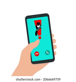 Incoming Spam Call to a smartphone. Hacker attack. The concept of spam data, insecure connection, online fraud and malware through fake calls, phishing, social engineering. Vector illustration.