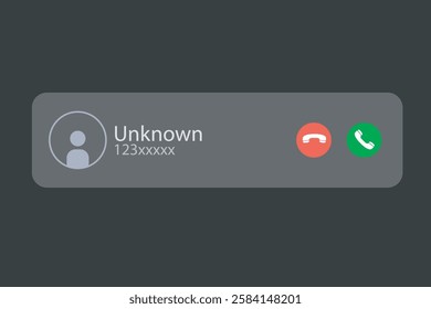 Incoming unknown call notification. spam communication via cellphone with red and green buttons to pick up calls.