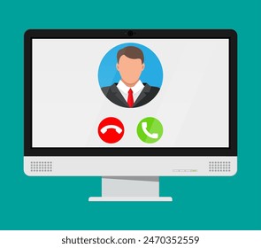 Incoming video call on computer. Photo of man, decline and accept buttons on notebook screen. Online meeting, videocall, webinar or training. Vector illustration in flat style