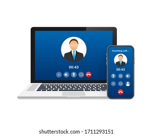 Incoming video call on laptop. Laptop with incoming call, man profile picture and accept decline buttons. Vector stock illustration