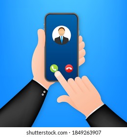  Incoming video call on laptop. Laptop with incoming call, man profile picture and accept decline buttons. Vector stock illustration.
