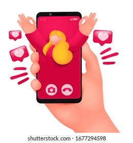 Incoming video call on smartphone screen. Online dating chat with blonde girl. 3d cartoon style. Vector illustration