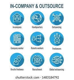 In-Company and Outsource Icon Set with headquarters, freelancers, etc