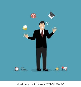 Incompetent businessman fail to showing his skill. Business idea concept. vector illustration