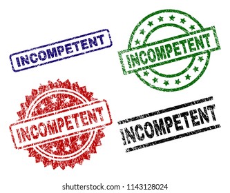 INCOMPETENT seal prints with corroded texture. Black, green,red,blue vector rubber prints of INCOMPETENT tag with retro texture. Rubber seals with circle, rectangle, medal shapes.