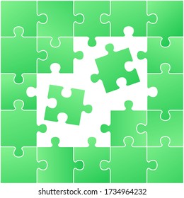 Incomplete green jigsaw puzzle with stray pieces on white background. Blank logic game pieces in assembling and problem solution process - vector illustration