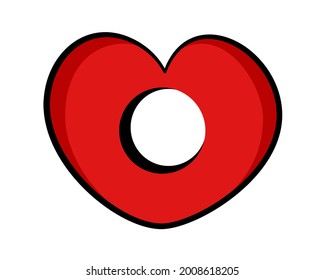 Incomplete loveheart with aperture and hole in the red heart. Romance and love with missing and absenting part. Vector illustration isolated on white.