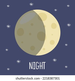 Incomplete moon in the night sky. Month in heaven. Solar system. Vector illustration in cartoon style for children