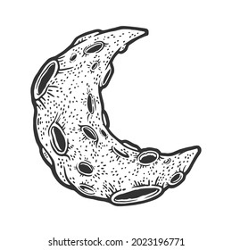 Incomplete partial moon cartoon sketch engraving vector illustration. T-shirt apparel print design. Scratch board imitation. Black and white hand drawn image.