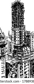 An incomplete skyscraper, with steel framework structure, vintage line drawing or engraving illustration.