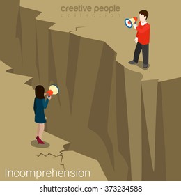 Incomprehension couple man woman talking megaphone loudspeaker opposite sides abyss chasm. Flat web site vector illustration. Misunderstanding conflict opposition business concept.