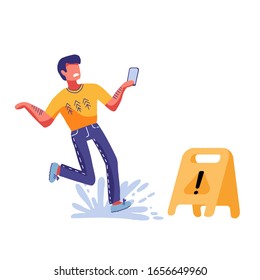 Inconsiderate man character do not see warning yellow sign and slips fall on wet floor. Recklessness folly concept element. Vector flat cartoon graphic illustration.