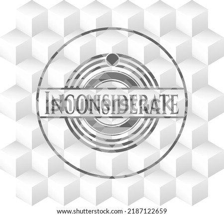 Inconsiderate retro style grey emblem with geometric cube white background. 