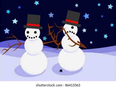 An inconsiderate snowman pokes another in the eye.