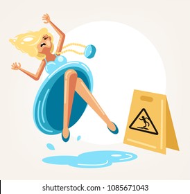 Inconsiderate woman character do not see warning yellow sign and slips fall on wet floor. Recklessness folly concept element. Vector flat cartoon design graphic isolated illustration