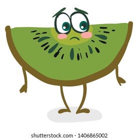 An inconsolable kiwi with pink cheeks looking sad and having two tiny hands and legs, vector, color drawing or illustration. 