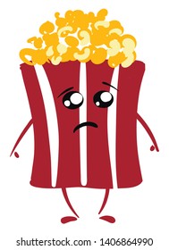 An inconsolable pop corn red packet, feeling very sad. It has two legs and hands and two black eyes, vector, color drawing or illustration. 