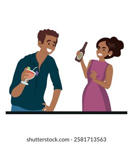 Inconvenient man flirting with woman who rejects him, concept of harassment, no. vector illustration.