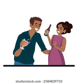 Inconvenient man flirting with woman who rejects him, concept of harassment, no. vector illustration