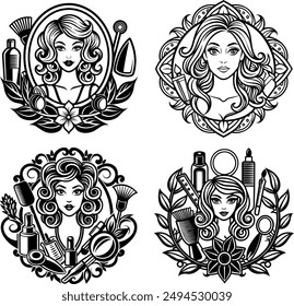 Incorporate details that signify beauty services, such as flowing hair, makeup brushes, scissors, or a comb. These can be subtly integrated into the silhouette or as complementary elements around it.