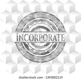Incorporate realistic grey emblem with geometric cube white background