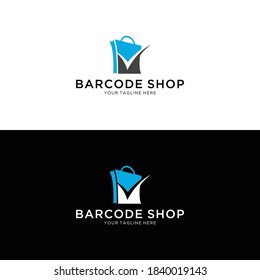 incorporated bar code in to the shopping logo concept. Abstract shop logo, design concept, emblem, icon, flat logotype element for template