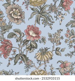 It incorporates elements related to fabric and clothing, suggesting its use in embroidery or wrapping paper. The design emphasizes the beauty of flowers, making it visually appealing for various 