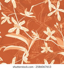 It incorporates an orange color scheme and is suitable for various applications such as clothing, fabric, or wrapping paper. The design presents an illustrated and decorative aesthetic.