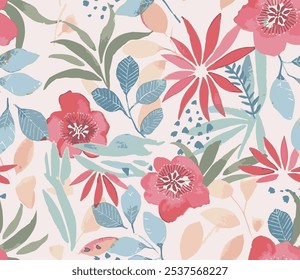 It incorporates various flowers and is suitable for clothing or fabric designs, as well as wrapping paper. The overall theme emphasizes the beauty of floral patterns.