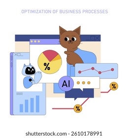 Incorporating AI in business management enhances efficiency and decision-making. This illustration highlights optimization through data analysis, showcasing the role of technology in modern processes.