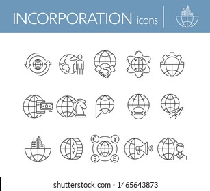 Juego de iconos de línea de incorporación. Divisa, hombre de negocios, mundo, acuerdo.Concepto de negocio. Se puede utilizar para temas como la asociación, negocios a nivel mundial, colaboración multinacional