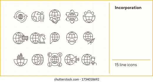 Incorporation line icon set. Currency, businessman, world, agreement. Business concept. Can be used for topics like partnership, worldwide business, multinational collaboration