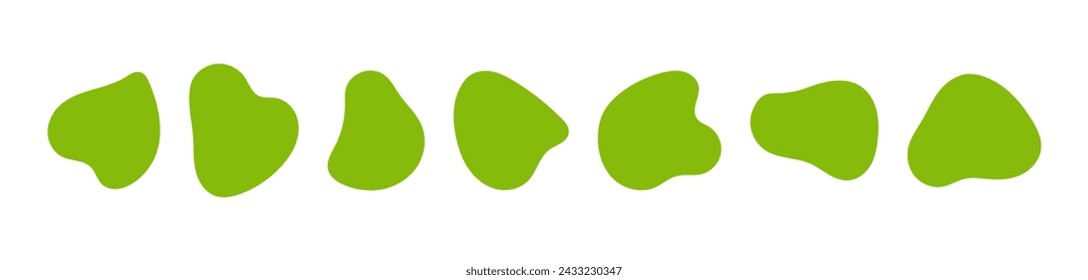 Incorrect blob shapes. Organic abstract forms. Green flowing liquid circles. Collection of asymmetrical isolated vector elements on white background.