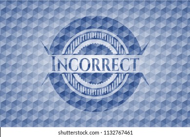 Incorrect blue emblem or badge with abstract geometric pattern background.