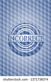 Incorrect blue emblem or badge with abstract geometric pattern background.