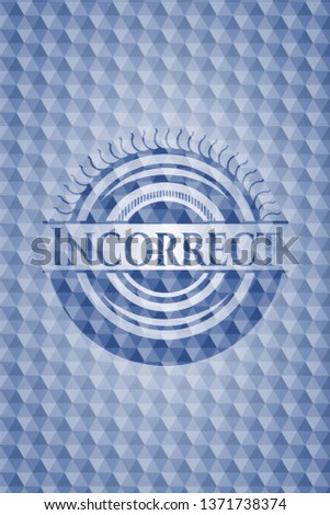 Incorrect blue emblem or badge with abstract geometric pattern background.