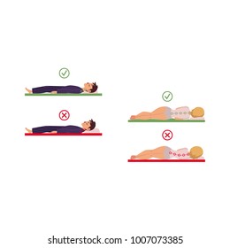 Incorrect, correct neck, spine alignment of young cartoon man, woman character sleeping with back, side sleeping posture. Back, spine care in sleeping positions concept. Vector isolated illustration