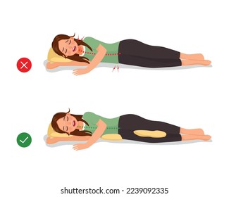 Incorrect and correct neck and spine alignment of young man sleeping body postures