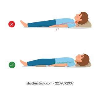 Incorrect and correct neck, spine and knee alignment of young man back sleeping body postures