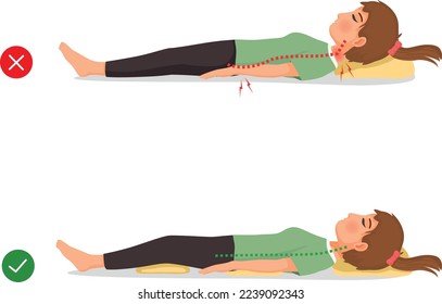 Incorrect and correct neck, spine and knee alignment of young woman back sleeping body postures