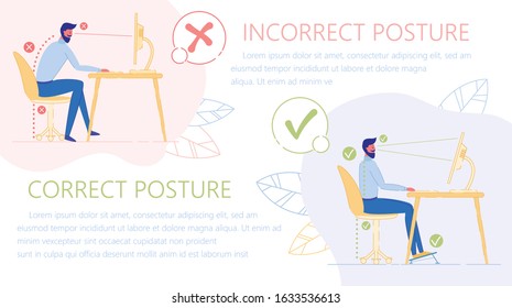 Incorrect and Correct Posture to Sit at Table Flat Cartoon Vector Illustration. Ergonomic Concept. Factor Influencing Wellbeing and Health. Office Worker Using Computer and Improving Posture.