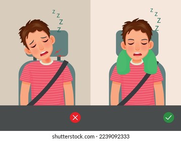 Incorrect and correct way of young man sleeping during travel on car or bus with pillow on neck