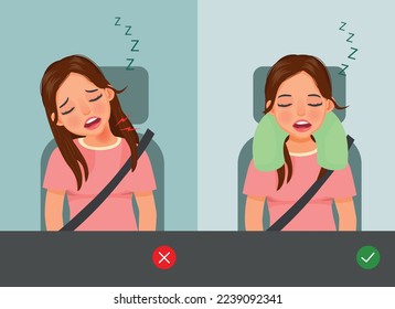 Forma incorrecta y correcta de dormir a la joven durante el viaje en coche o autobús con almohada en el cuello