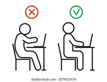 Incorrect curve and correct health posture of sitting on computer. Health preservation rules. Avoid poor posture and vision, spine problems. Vector line illustration