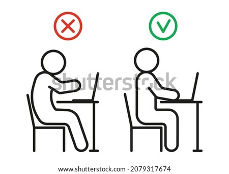 Incorrect curve and correct health posture of sitting on computer. Health preservation rules. Avoid poor posture and vision, spine problems. Vector line illustration