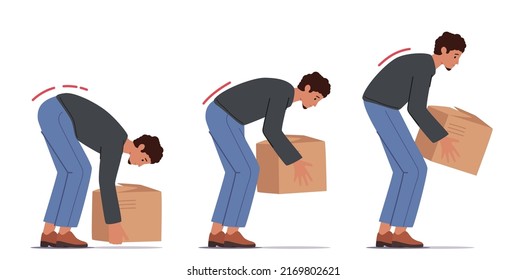 Incorrect Lift Of Heavy Box Concept. Man Stand Up With Cardboard Package In Hands. Male Character Back Safety, Health Care And Injury Prevention Technique. Cartoon People Vector Illustration