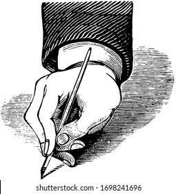 Penmanship incorrecto es donde la pluma se mantiene demasiado apretada, sujeta, pluma, Penmenship, Objetos, dibujo de línea vintage o ilustración de grabado.