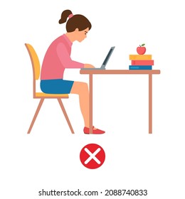 Incorrect posture kid. Girl sitting at laptop. Ergonomic sit   chair computer bad  body position.Healthy back. Vector illustration