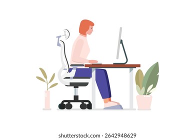 Postura incorreta para sentar-se na mesa do computador. Ilustração vetorial